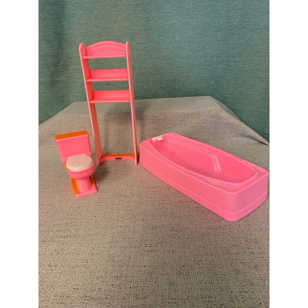 Vintage Barbie 1992 Pink Dollhouse Bathroom Set: Bathtub, Toilet, and Shelf